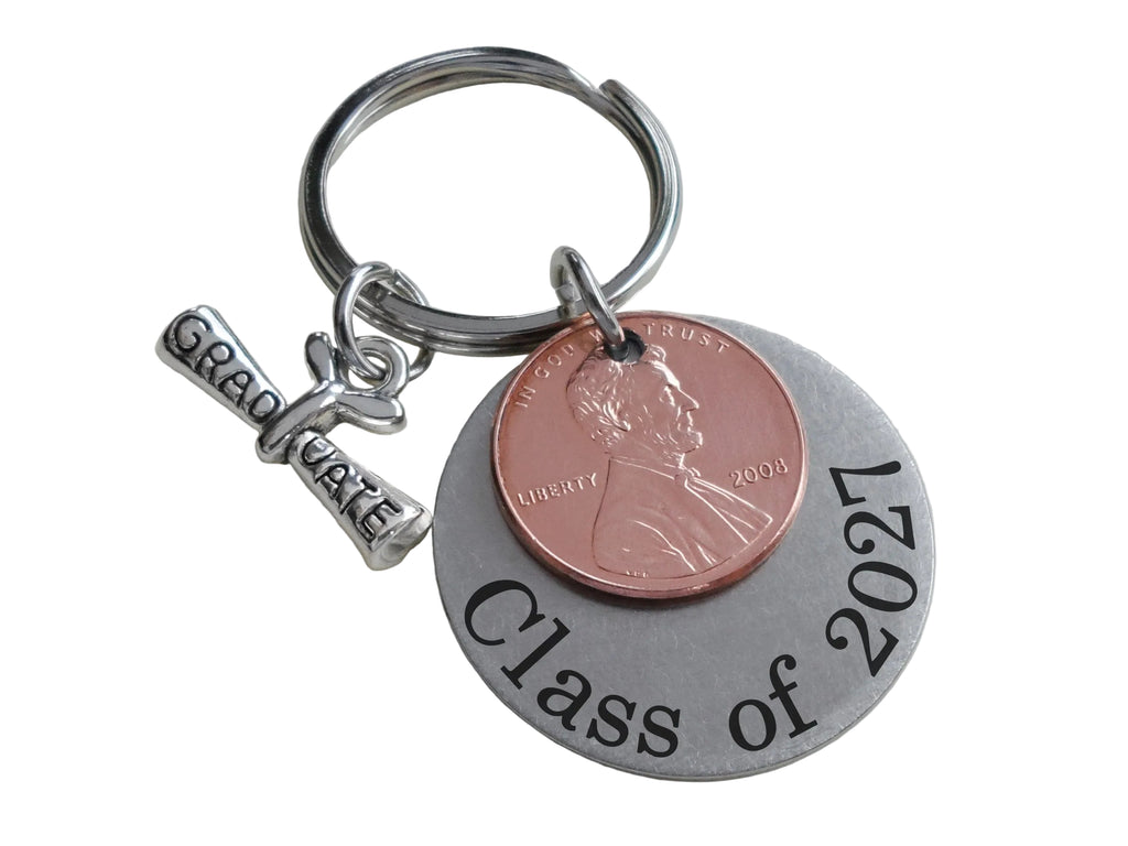 "Class of" Disc Engraved Graduation Keychain with Penny & Graduate Scroll