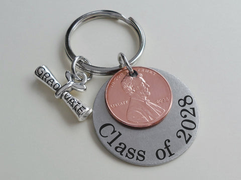 "Class of" Disc Engraved Graduation Keychain with Penny & Graduate Scroll