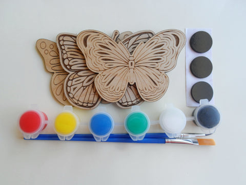 Craft Kit or Party Favor Gift • 3 Wood Butterfly Cutouts with Paint, Brushes, and Magnets by JewelryEveryday