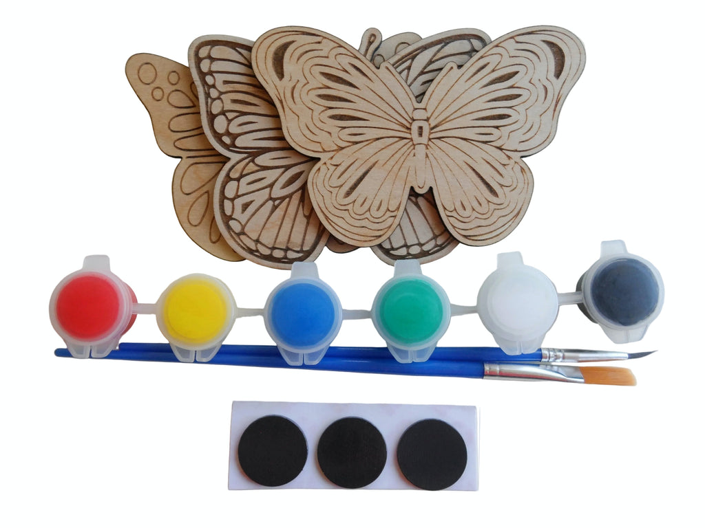 Craft Kit or Party Favor Gift • 3 Wood Butterfly Cutouts with Paint, Brushes, and Magnets by JewelryEveryday