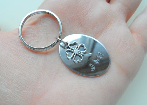 Personalized Steel Oval Keychain Engraved with Couples Initials with Clover Charm or Heart Charm; Couples Keychain, Customized by Jewelry Everyday