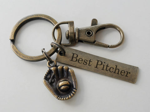 Baseball or Softball Keychain with Bronze Baseball Glove, Clasp & Custom Engraved Tag; Team Player or Coach Gift by JewelryEveryday