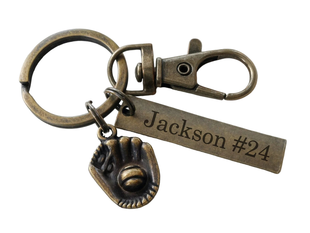 Baseball or Softball Keychain with Bronze Baseball Glove, Clasp & Custom Engraved Tag; Team Player or Coach Gift by JewelryEveryday