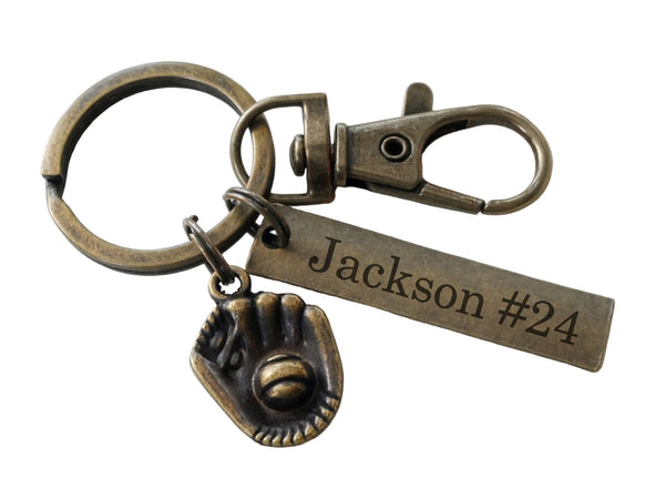 Baseball or Softball Keychain with Bronze Baseball Glove, Clasp & Custom Engraved Tag; Team Player or Coach Gift by JewelryEveryday