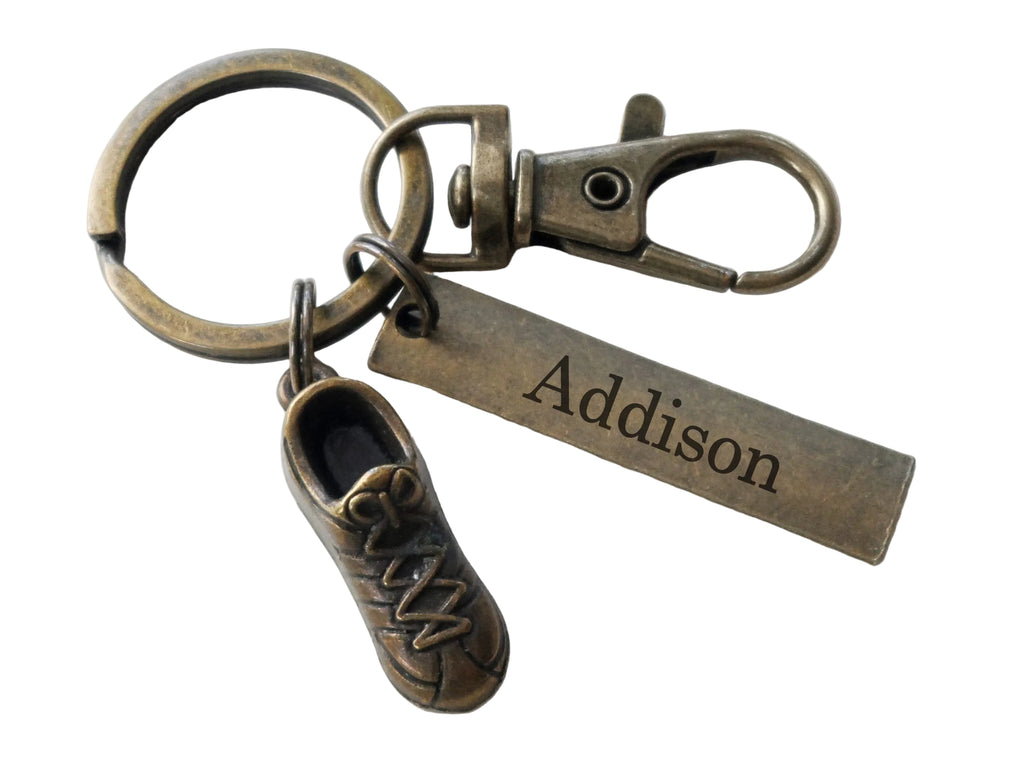 Cross Country Charm Keychain with Bronze Running Shoe Charm, Clasp, and Custom Engraved Tag by JewelryEveryday