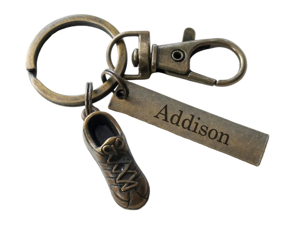 Cross Country Charm Keychain with Bronze Running Shoe Charm, Clasp, and Custom Engraved Tag by JewelryEveryday