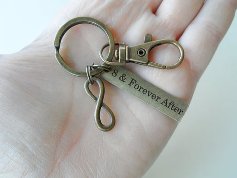 Small Bronze Infinity Charm with "8 & Forever After" Engraved Tag and Clasp Keychain - Couples Keychain