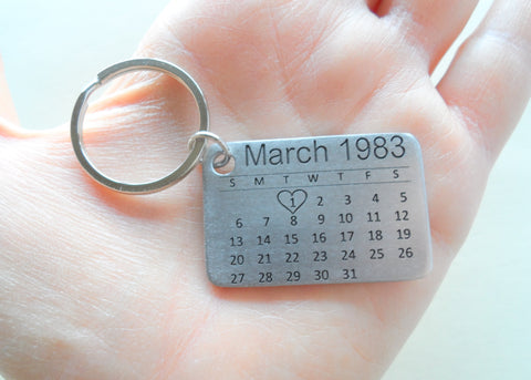 Personalized 11 Year Anniversary Gift - Stainless Steel Calendar Keychain Engraved with Heart; Custom Engraved Backside Options by Jewelry Everyday