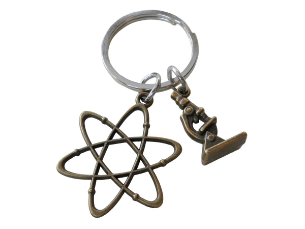 Bronze Atom & Microscope Keychain, Science Keychain, Physics Keychain, Chemistry Keychain, Microbiologist Gift