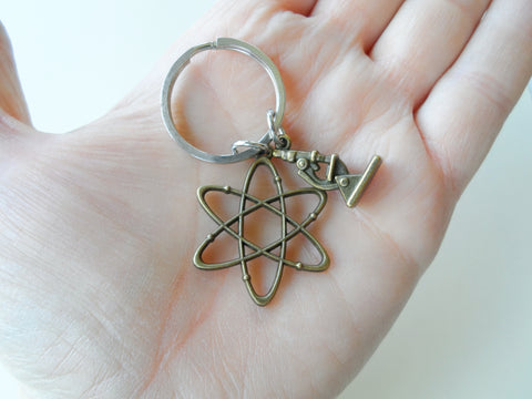 Bronze Atom & Microscope Keychain, Science Keychain, Physics Keychain, Chemistry Keychain, Microbiologist Gift
