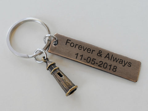 Antiqued Bronze Tag Keychain with Custom Engraving & Lighthouse Charm, Couples Keychain