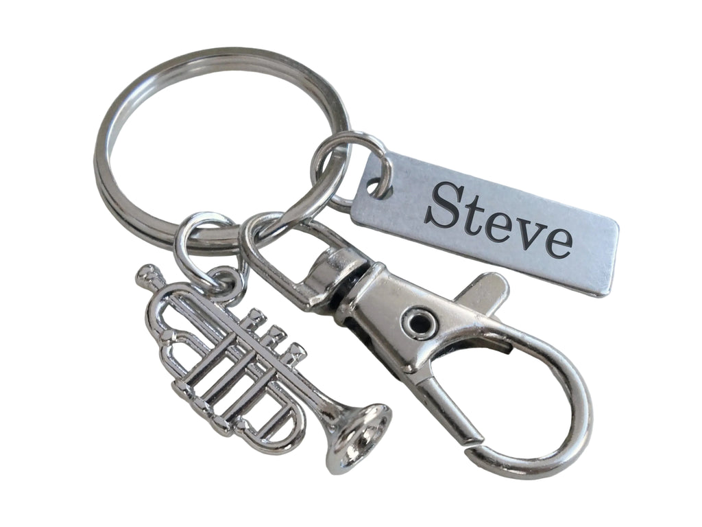 Trumpet Charm Keychain with Clasp and Custom Engraved Tag, Music Student, Teacher, or Musician Keychain by JewelryEveryday