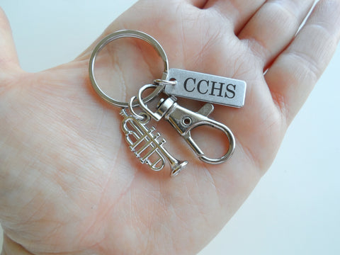 Trumpet Charm Keychain with Clasp and Custom Engraved Tag, Music Student, Teacher, or Musician Keychain by JewelryEveryday