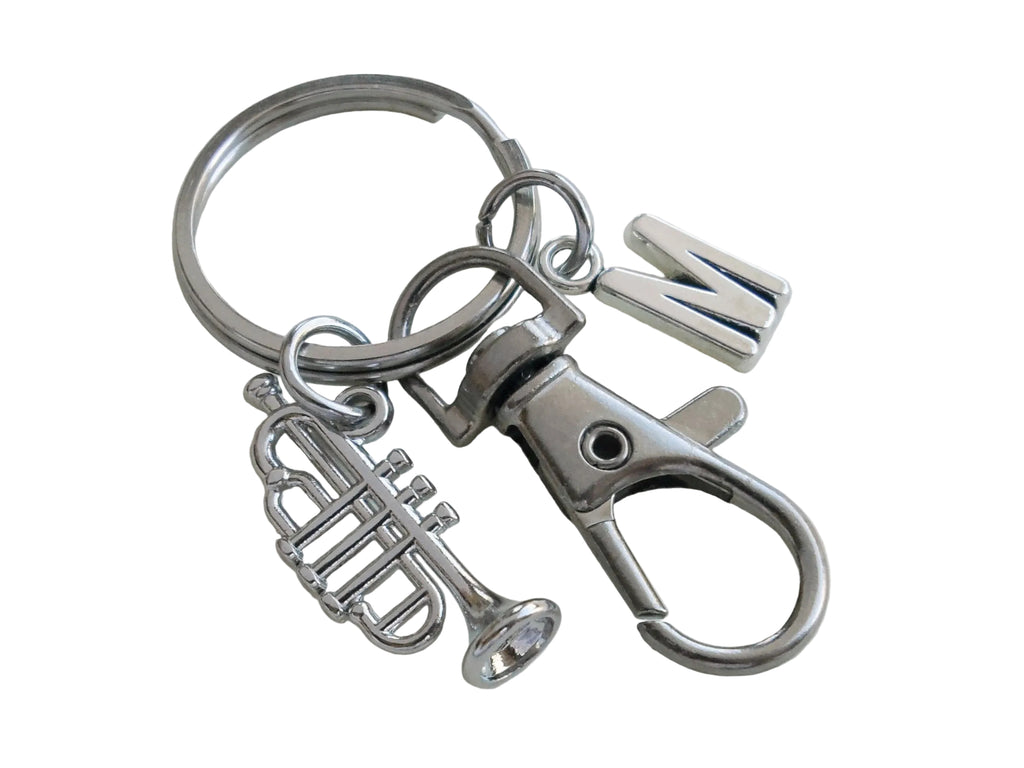 Trumpet Charm Keychain with Clasp & Letter Charm, Musician or Music Teacher Keychain by Jewelry Everyday