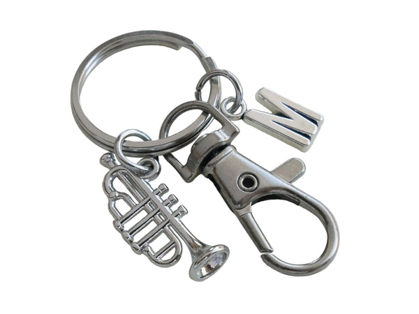 Trumpet Charm Keychain with Clasp & Letter Charm, Musician or Music Teacher Keychain by Jewelry Everyday
