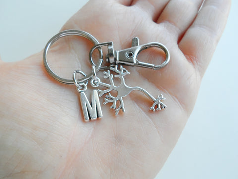 Custom Psychologist or Neuroscientist Appreciation Keychain with Neuron, Clasp & Letter Charm by Jewelry Everyday