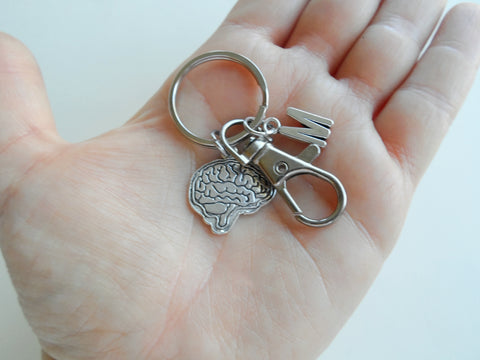 Custom Psychologist or Neuroscientist Appreciation Keychain with Brain Charm, Clasp & Letter Charm by Jewelry Everyday