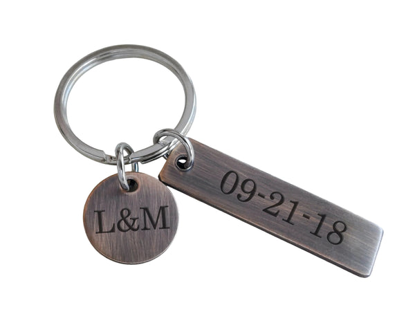 Custom Engraved Small Antiqued Bronze Tag & Disc Keychain, 8 Year Anniversary or 19 Year Anniversary Gift, Personalized Key Chain