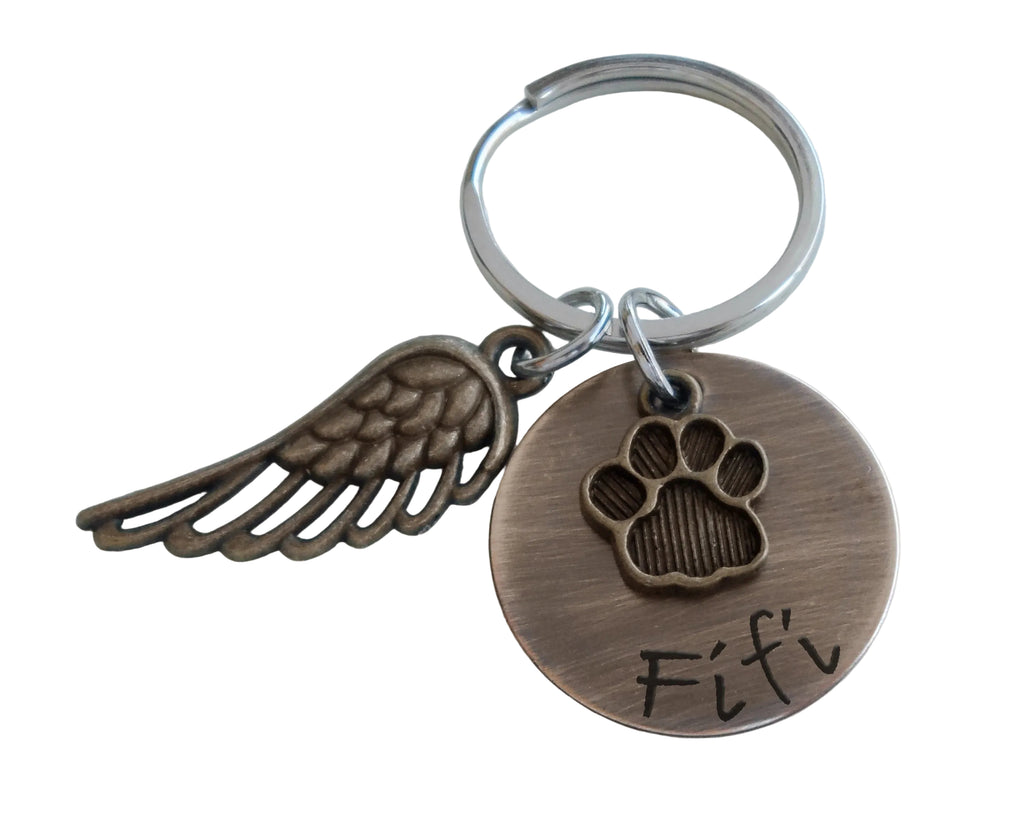 Custom Engraved Antiqued Bronze Disc, Paw & Wing Charm Keychain, Dog Memorial Keychain by Jewelry Everyday