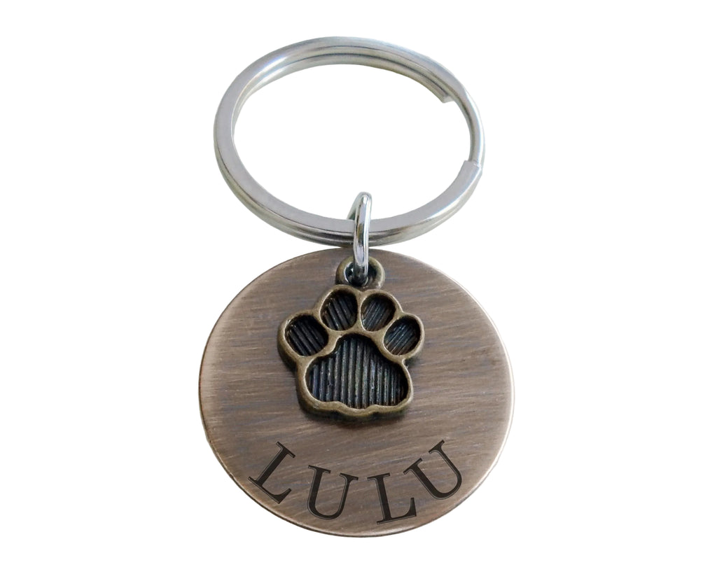 Custom Engraved Antiqued Bronze Disc & Paw Charm Keychain, Pet ID or Dog Memorial Keychain by Jewelry Everyday