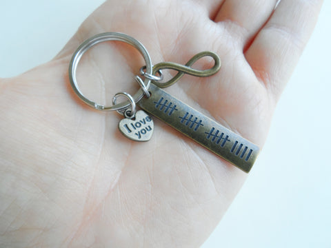 An antique bronze keychain featuring a rectangular bar engraved with tally marks, a small heart charm engraved with 'I love you', and an infinity symbol, attached to a silver split ring on a light background.