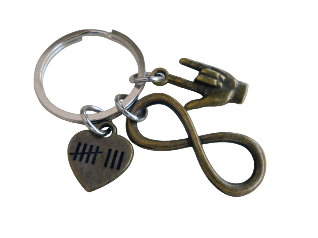 A metal keychain with a silver split ring, featuring an antique bronze infinity symbol charm, a heart-shaped charm with tally marks, and a small hand charm, shown on a plain light background.