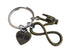 A metal keychain with a silver split ring, featuring an antique bronze infinity symbol charm, a heart-shaped charm with tally marks, and a small hand charm, shown on a plain light background.