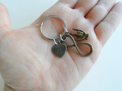 A metal keychain with a silver split ring, featuring an antique bronze infinity symbol charm, a heart-shaped charm with tally marks, and a small hand charm, shown on a plain light background.