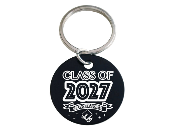Class of 2027 Graduate Engraved Keychain on Black Anodized Aluminum Disc, For Graduation Gift