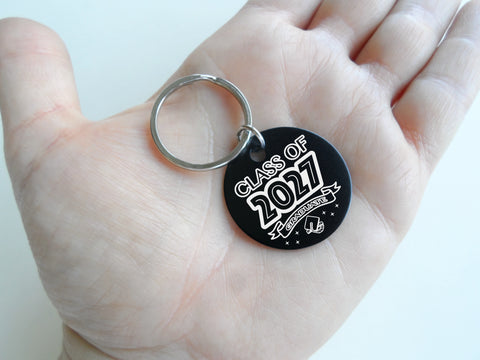 Class of 2027 Graduate Engraved Keychain on Black Anodized Aluminum Disc, For Graduation Gift