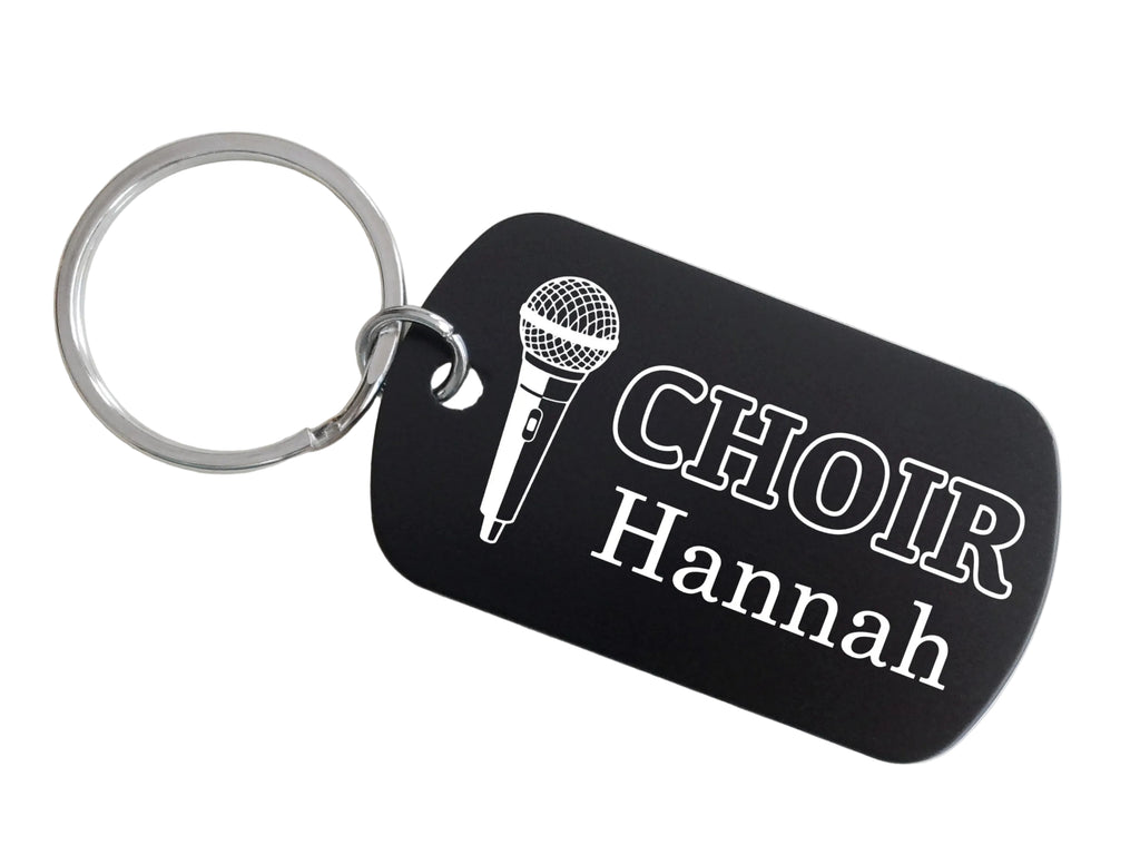 Choir Aluminum Tag Keychain with Engraved Microphone Image and Custom Engraved Name, For Student or Teacher Gift