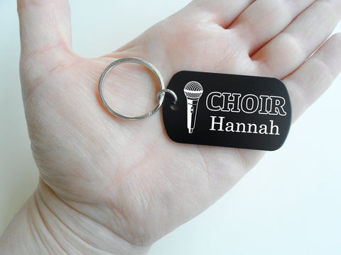 Choir Aluminum Tag Keychain with Engraved Microphone Image and Custom Engraved Name, For Student or Teacher Gift