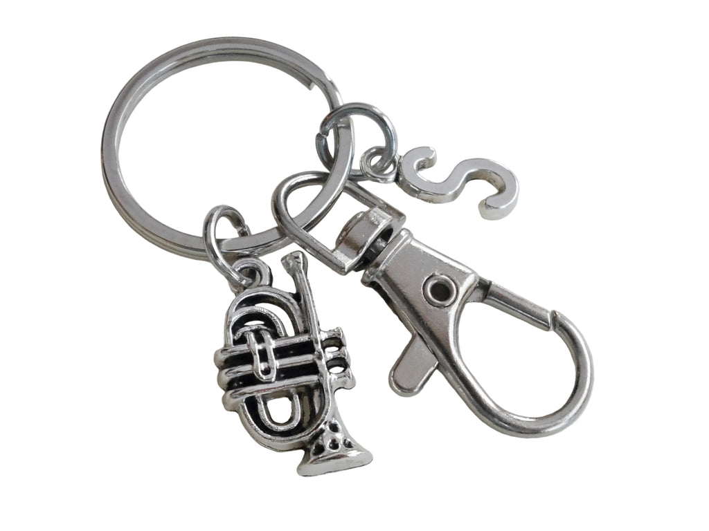 Trumpet Charm Keychain with Clasp & Letter Charm, Musician or Music Teacher Keychain by Jewelry Everyday