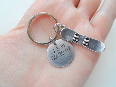 Personalized Snowboard Keychain and Steel Circle Disc Custom Engraved, Gift for Couples by Jewelry Everyday