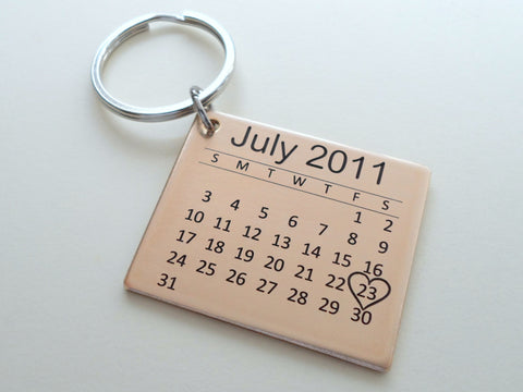 Personalized 8 Year Anniversary Gift - Bronze Calendar Keychain Engraved with Heart; Custom Engraved Backside Options by Jewelry Everyday