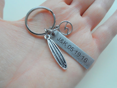 Personalized Surfing Keychain, Surf Board, Wave Charm with Steel Tag Custom Engraved, Gift for Couples by Jewelry Everyday