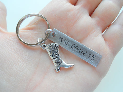 Cowboy Boot Charm Keychain with Custom Engraved Stainless Steel Tag by Jewelry Everyday