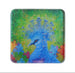 A square magnet with rounded corners featuring a colorful artistic illustration of a blue peacock against a green and yellow background.