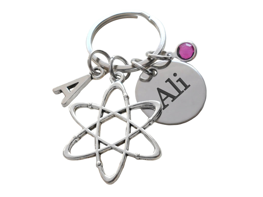 Atom Charm Keychain with Custom Engraved Disc, For Chemistry, Microbiologist, Physics, Science Teacher or Graduate