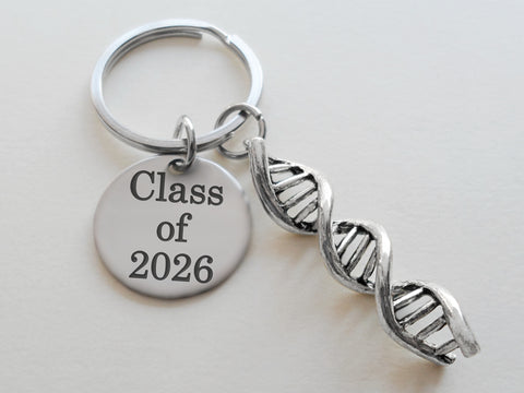 DNA Molecule Double Helix Keychain with Custom Engraved Disc, Science Keychain for Student or Teacher