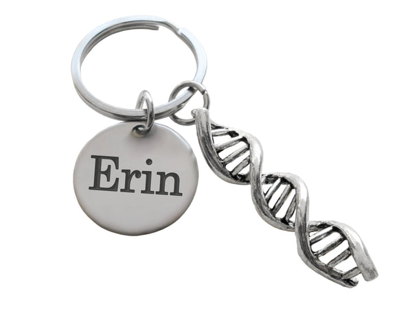 DNA Molecule Double Helix Keychain with Custom Engraved Disc, Science Keychain for Student or Teacher