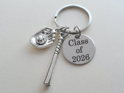 Baseball Mitt & Bat Charm Keychain with Custom Engraved Disc, Personalized For Softball or Baseball Player or Coach