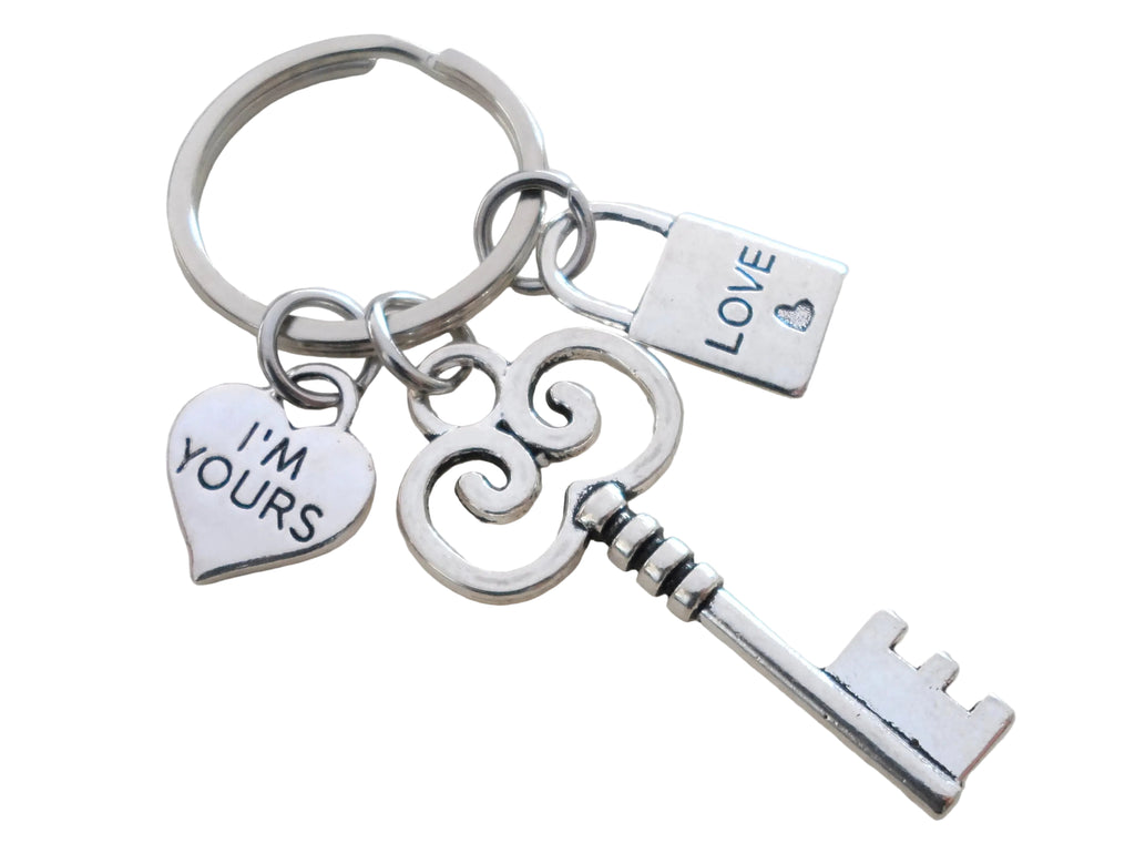 I'm Yours Key Charm Keychain with Small Love Lock Charm - Key To My Heart; Couples Keychain