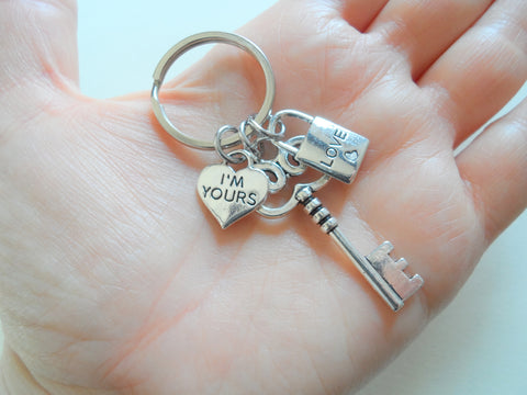 I'm Yours Key Charm Keychain with Small Love Lock Charm - Key To My Heart; Couples Keychain