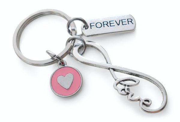 Infinity Love Symbol Keychain with Forever Tag & Pink Heart Charm- You & Me For Infinity; Couples Keychain