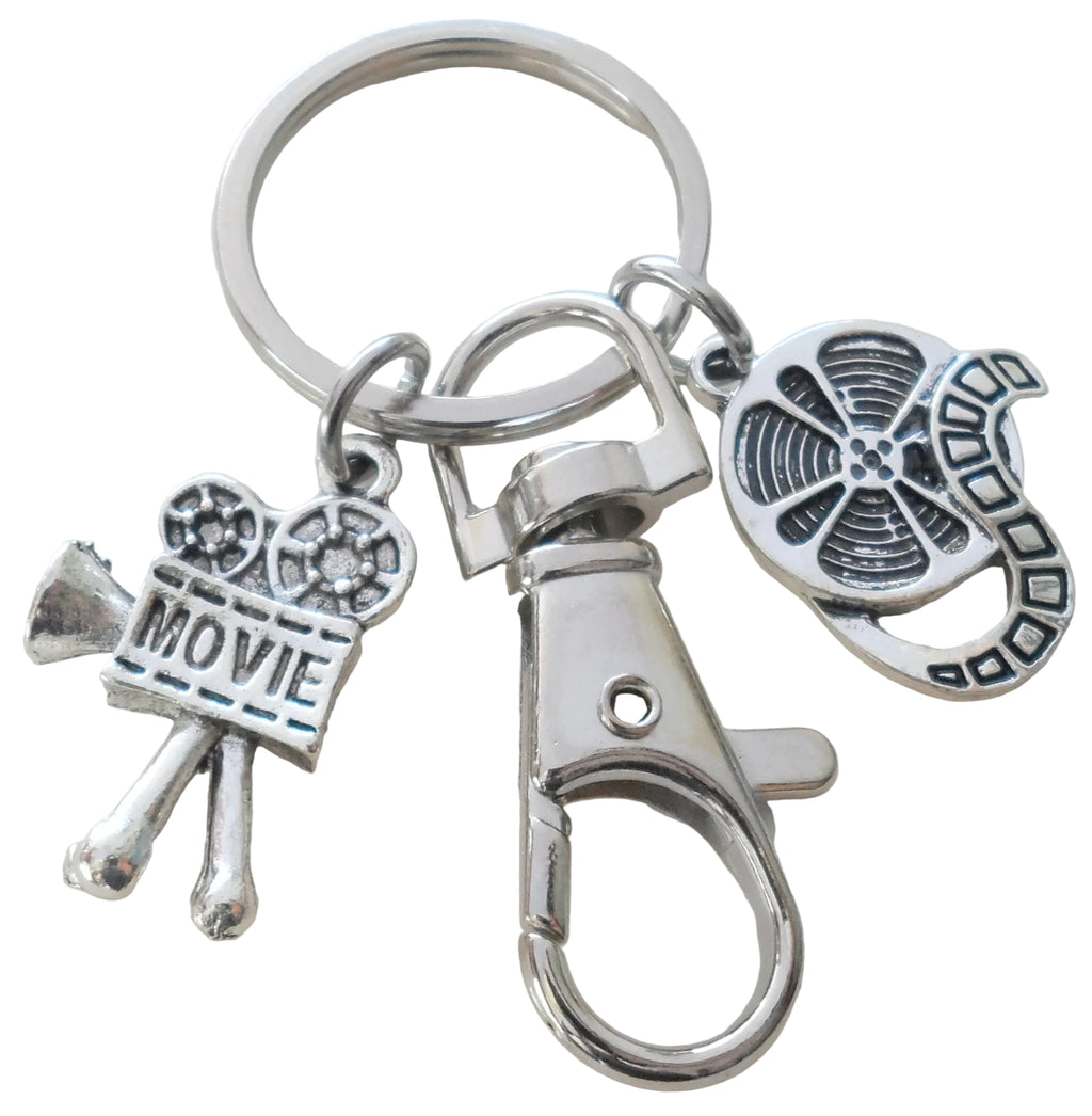 Movie Charm Keychain with Camera, Film Reel & Clasp, Director, Videographer, or Actor Keychain