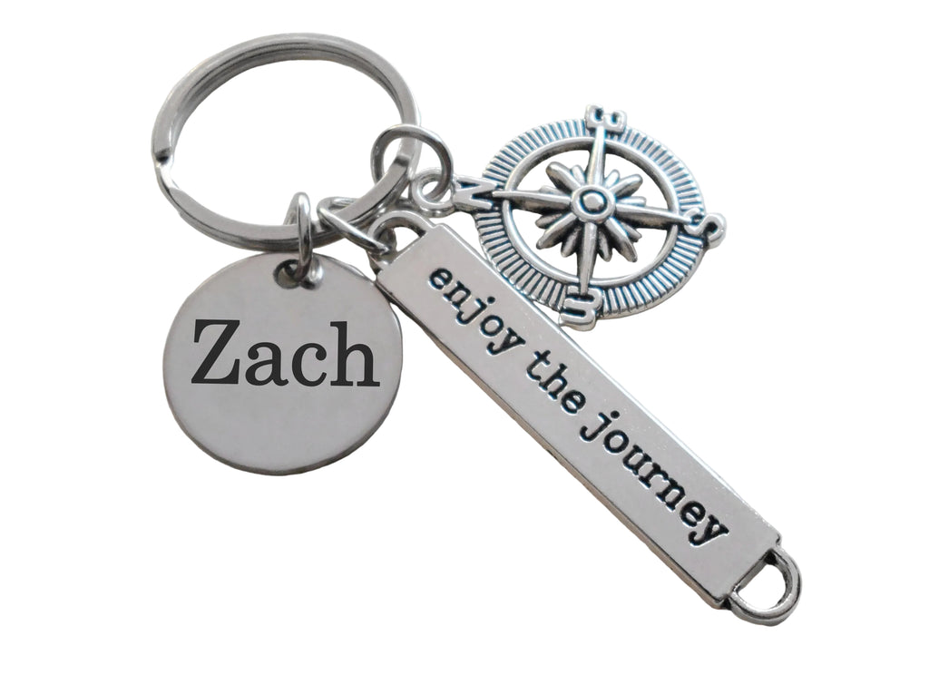 Enjoy The Journey Compass Charm Keychain with Custom Engraved Disc