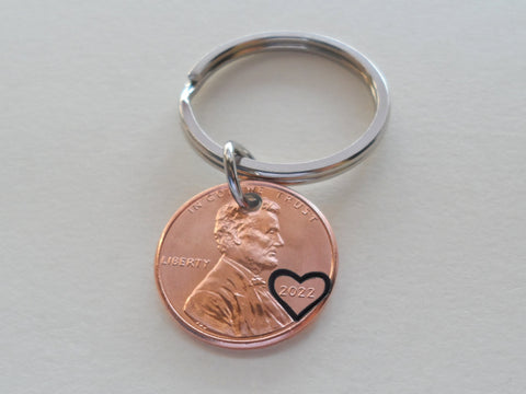 2022 US One Cent Penny Keychain with Heart Around Year; 3 Year Anniversary, Couples Keychain by Jewelry Everyday