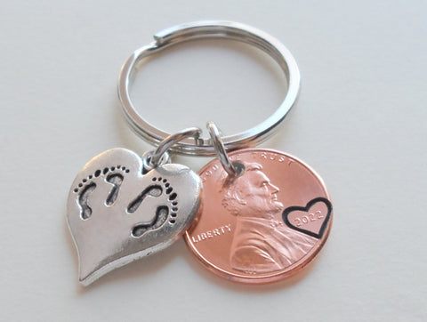 US One Cent Penny Keychain with Heart Around Year & Twin Baby Feet Heart Charm, Mother's Keychain, Father's Keychain by Jewelry Everyday