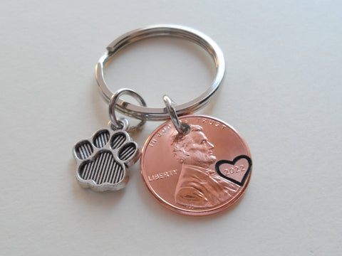 US One Cent Penny Keychain with Heart Around Year & Paw Print Charm, New Pet Adoption Keychain by Jewelry Everyday